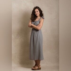 Neuflora Cheyenne shoulder tie midi dress Size M gray earthy boho cotton smocked